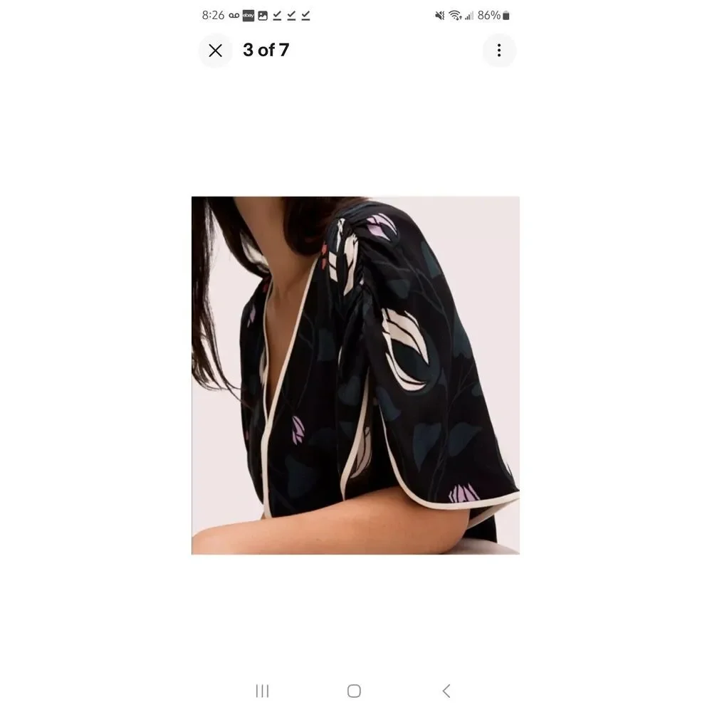 Kate Spade Deco Bloom Crepe Blouse Black Floral Lotus‎ Size M